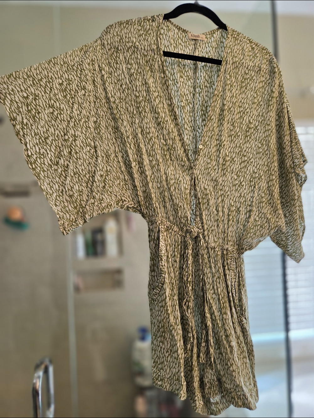 Khush Olive Green Patterned Kimono Sleeve Romper